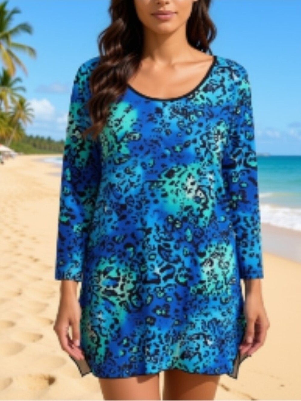 Peter Nygard Blue and Teal Leopard Sheer Tunic